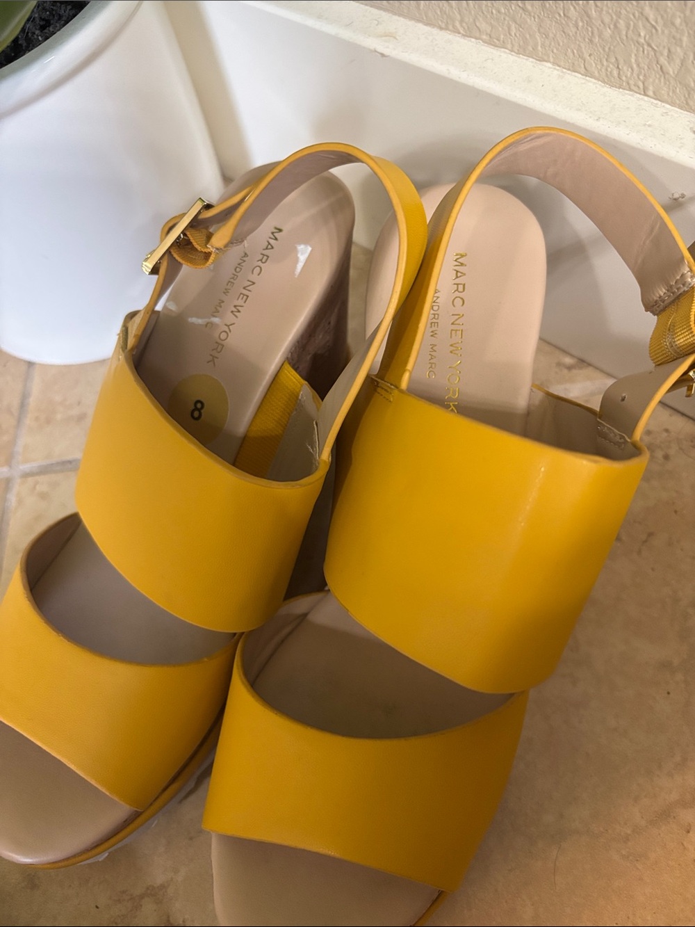 Marc New York Mustard Yellow Wide-Strap Wedge Sandals